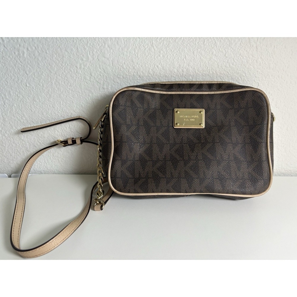 Michael Kors Jet Set Small Crossbody Bag Brown MK Signature Monogram Gold Chain